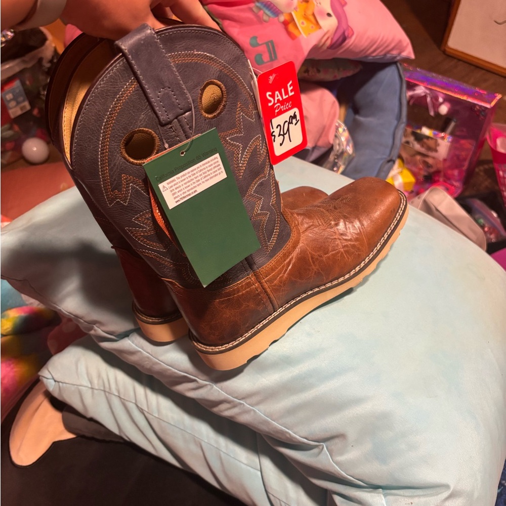 Brown and Blue Leather Boots with Durable Design